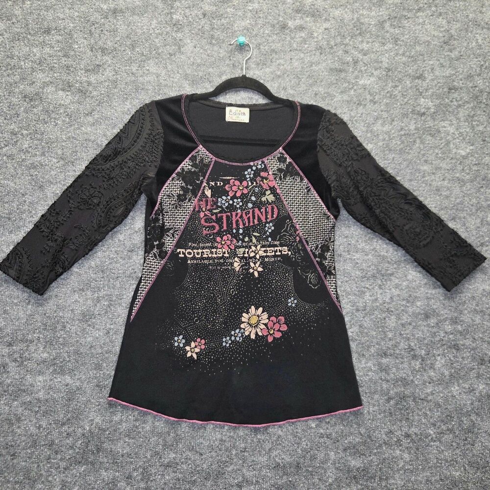 Edista Shirt Womens Medium Black Floral Graphic Embroidered 3/4 Sleeve Tunic Top